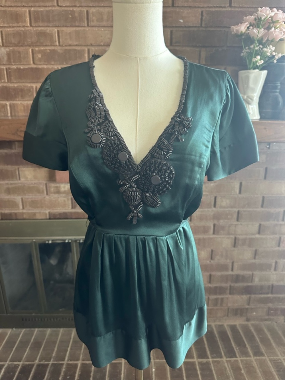 BCBG Max Azria Silk Embellished Peplum Blouse Teal Boho Glam Y2K Top Sz S
